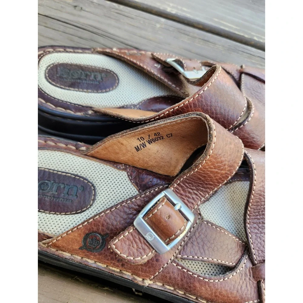 Born‎ Leather Slide Sandals Brown Buckle Strap Hand Crafted Mens 10 EU 42 W6032